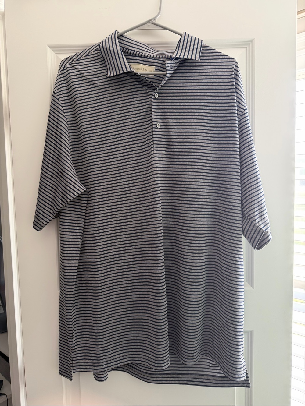 Donald Ross Striped Short Sleeve Golf Polo Shirt Gray Navy Blue Men's Size L
